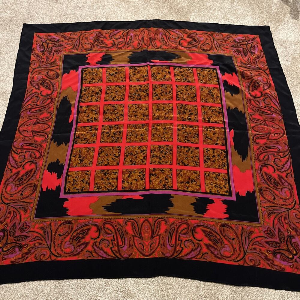 Vintage Red Black Brown Paisley Geometric Scarf 34x35 Square 1980s 1990s